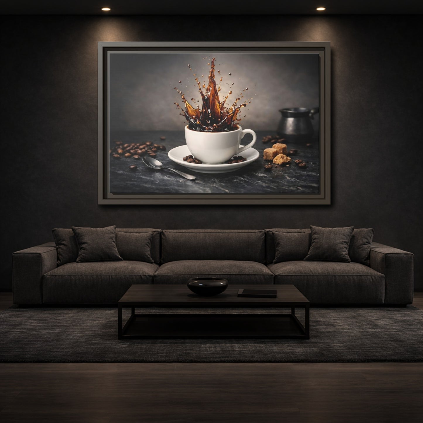 Mockup 2. Abstract Coffee Splash Brown Coffee Splash shown as stretched canvas wall art