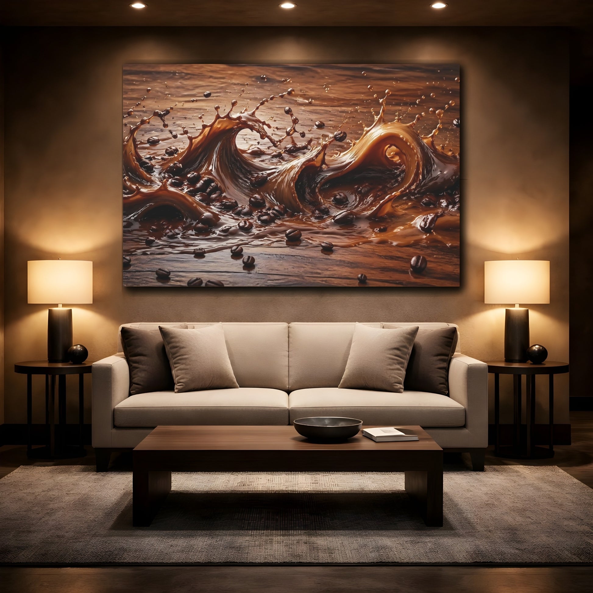 Mockup 2. Abstract Coffee Splash Brown Coffee Splash shown as stretched canvas wall art