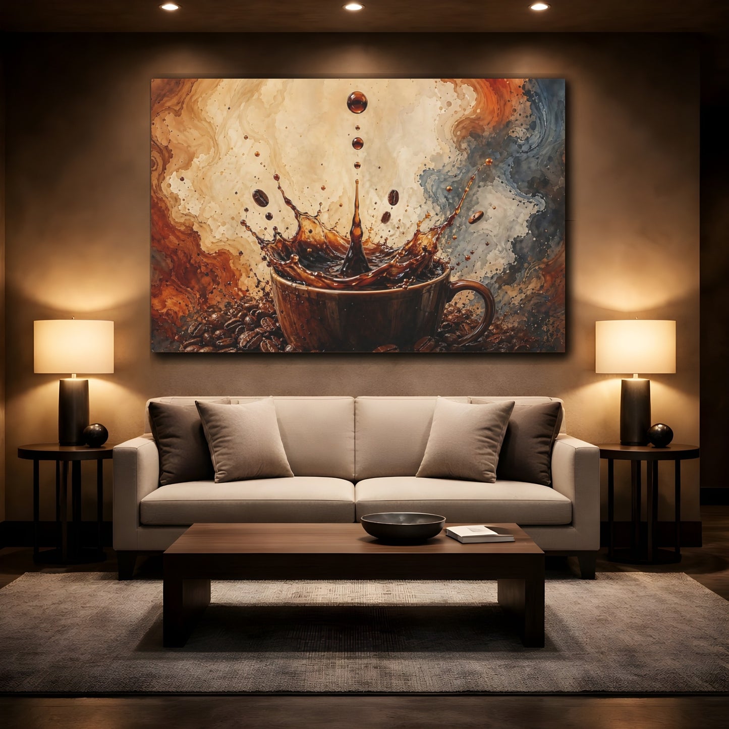 Mockup 2. Abstract Coffee Splash Brown Coffee Splash shown as stretched canvas wall art
