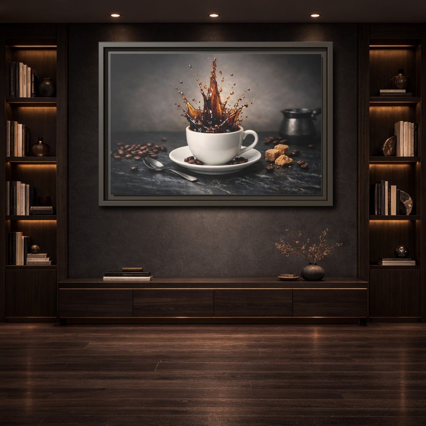 Mockup 3. Abstract Coffee Splash Brown Coffee Splash shown as stretched canvas wall art