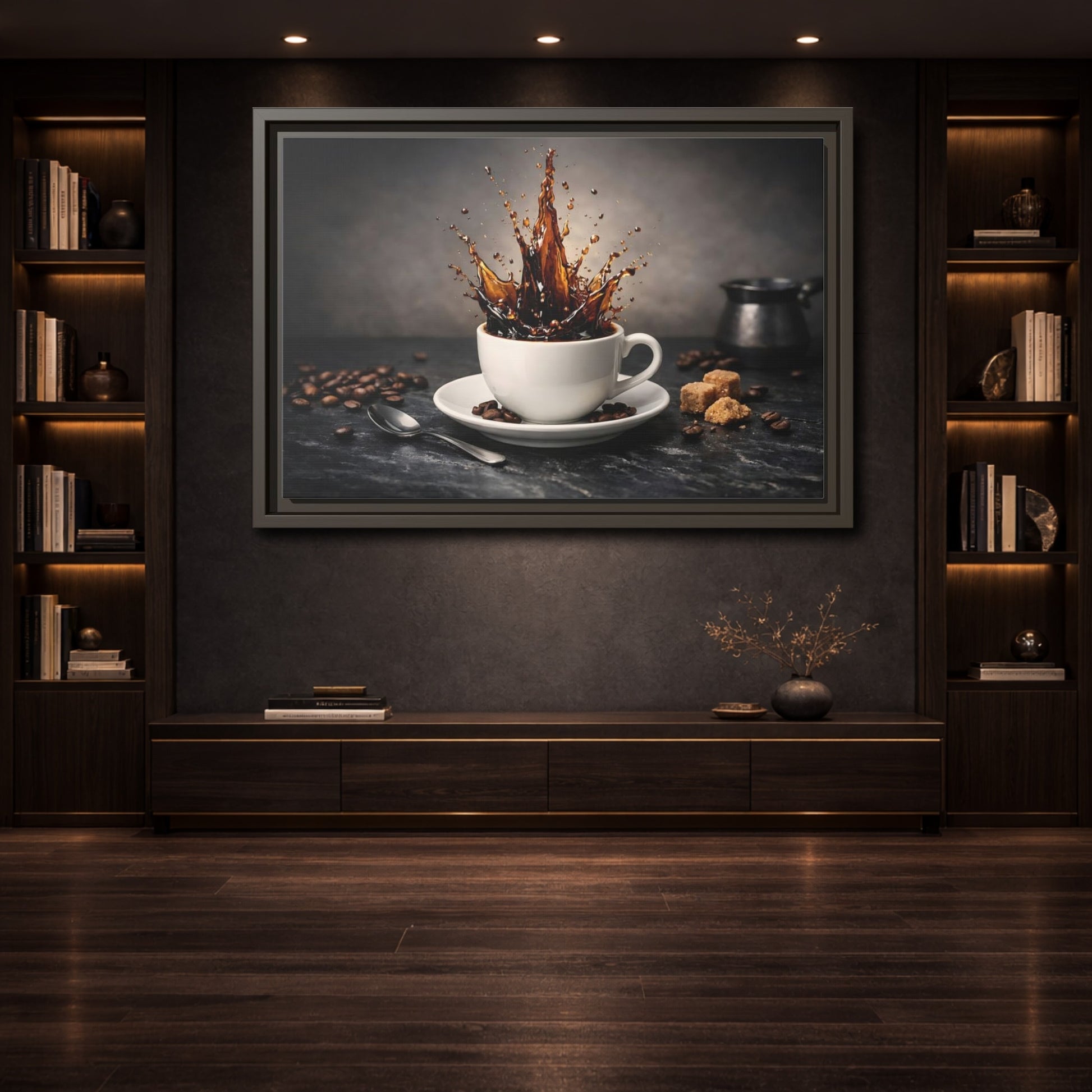 Mockup 3. Abstract Coffee Splash Brown Coffee Splash shown as stretched canvas wall art