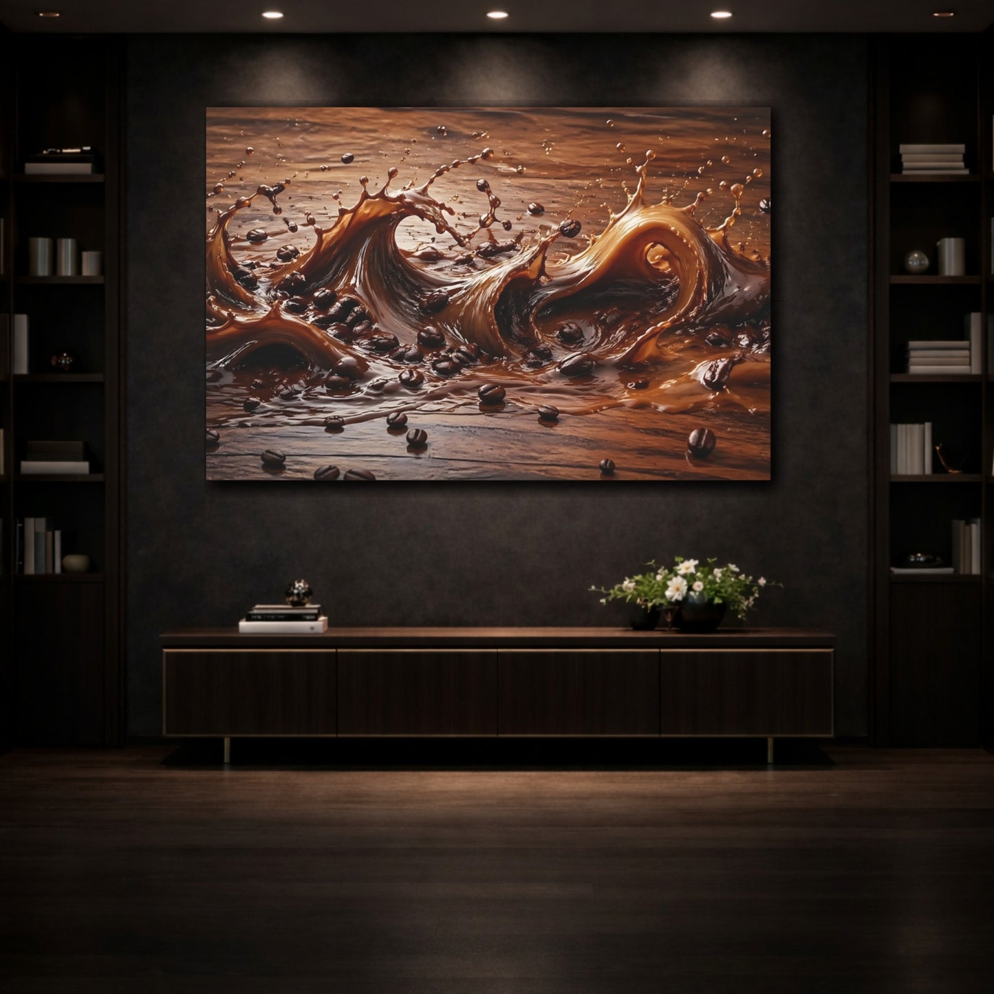Mockup 3. Abstract Coffee Splash Brown Coffee Splash shown as stretched canvas wall art