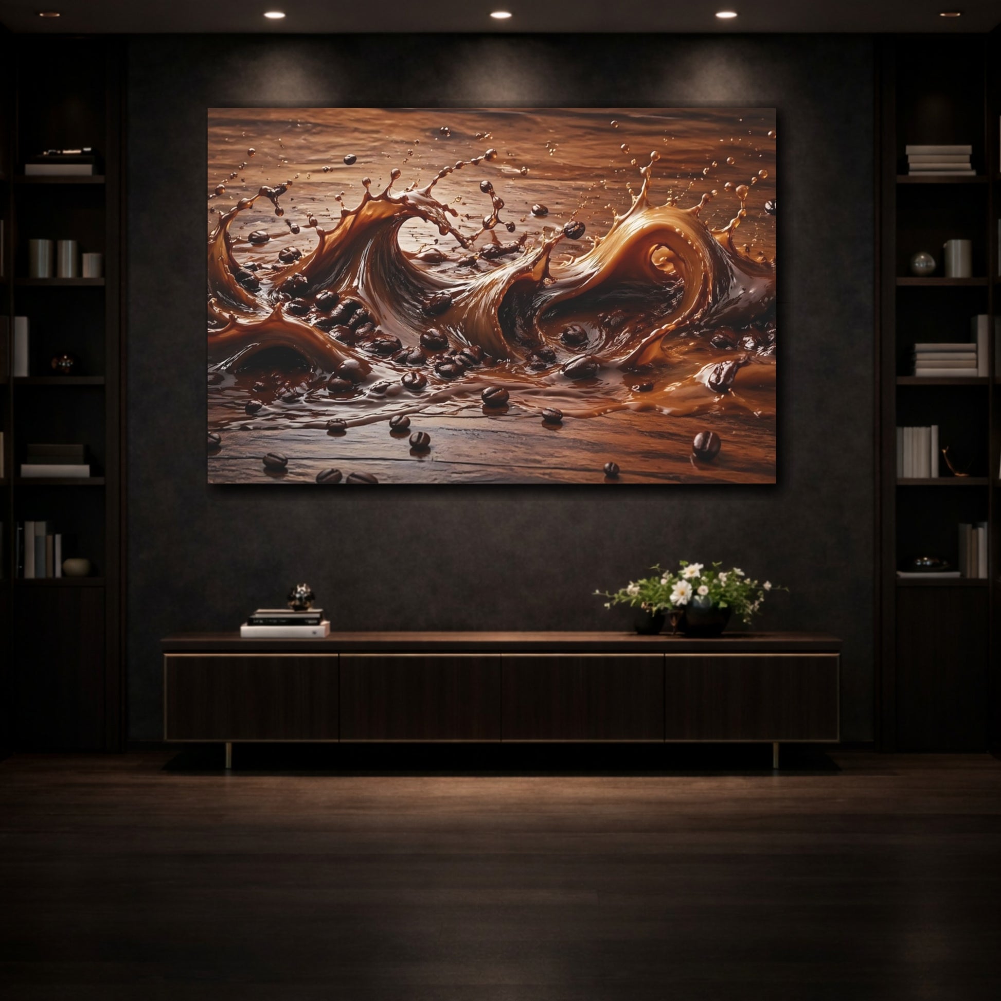 Mockup 3. Abstract Coffee Splash Brown Coffee Splash shown as stretched canvas wall art