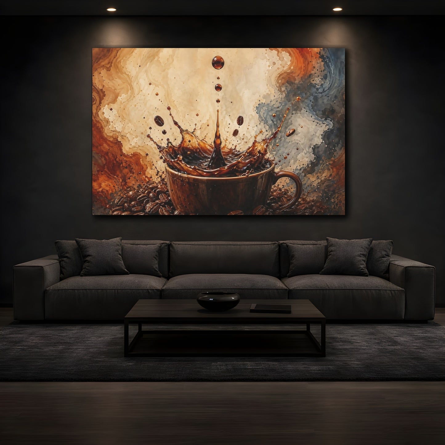 Mockup 3. Abstract Coffee Splash Brown Coffee Splash shown as stretched canvas wall art