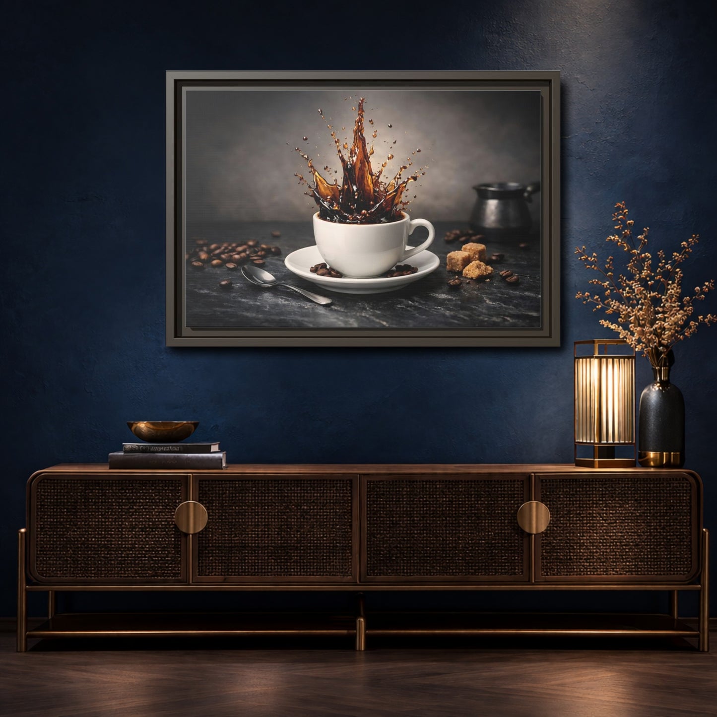 Mockup 4. Abstract Coffee Splash Brown Coffee Splash shown as stretched canvas wall art
