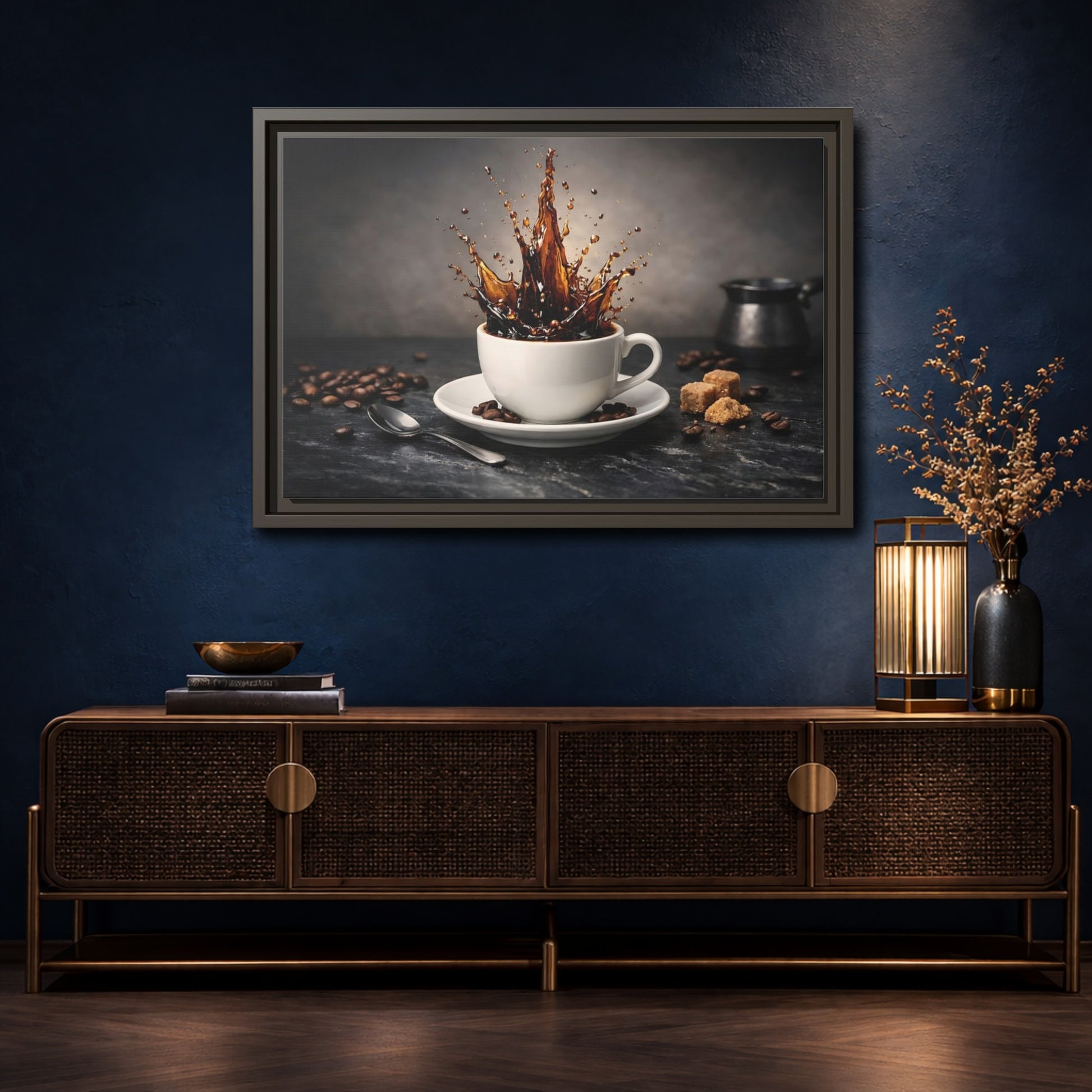 Mockup 4. Abstract Coffee Splash Brown Coffee Splash shown as stretched canvas wall art