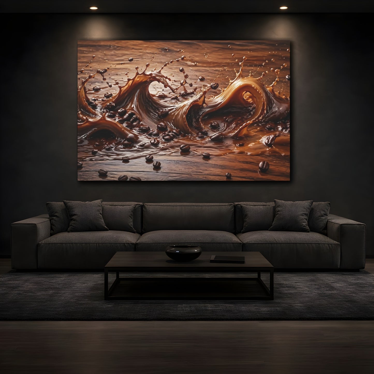 Mockup 4. Abstract Coffee Splash Brown Coffee Splash shown as stretched canvas wall art