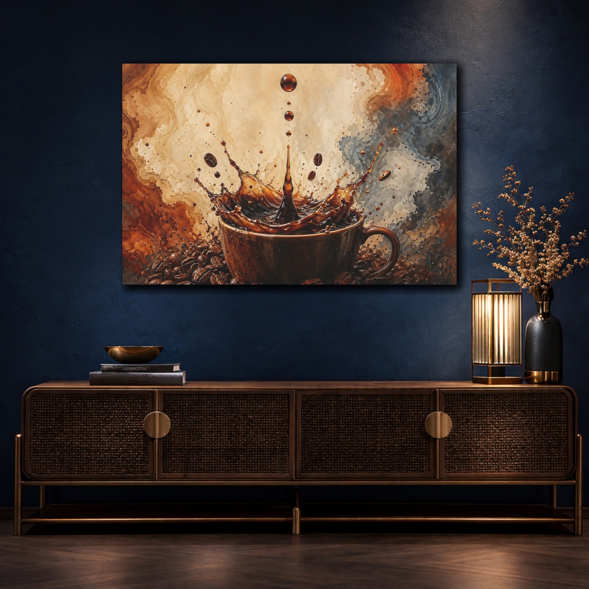 Mockup 4. Abstract Coffee Splash Brown Coffee Splash shown as stretched canvas wall art