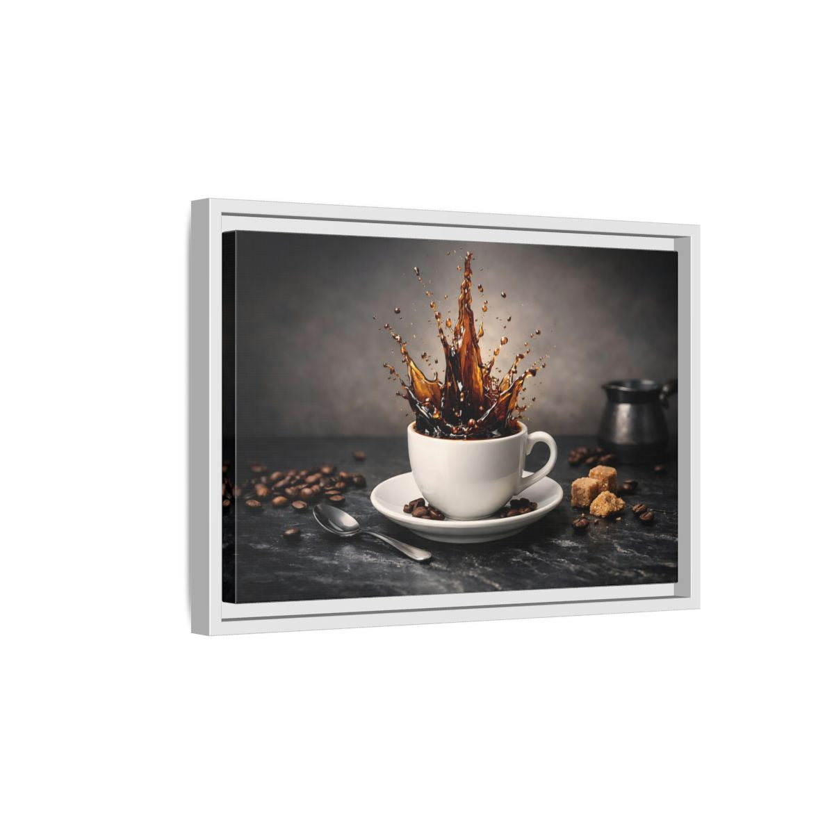 Side Mockup 4. Abstract Coffee Splash Brown Coffee Splash shown as stretched canvas wall art