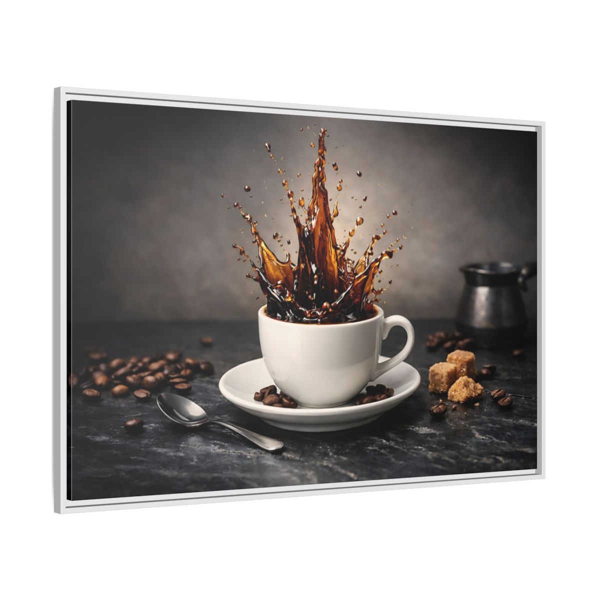Side Mockup 7. Abstract Coffee Splash Brown Coffee Splash shown as stretched canvas wall art