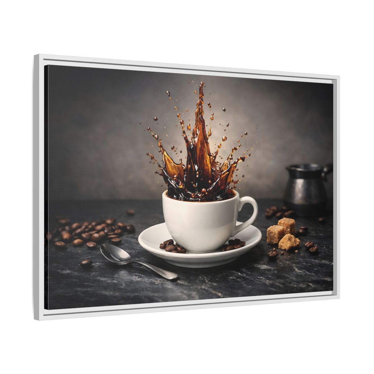 Side Mockup 8. Abstract Coffee Splash Brown Coffee Splash shown as stretched canvas wall art