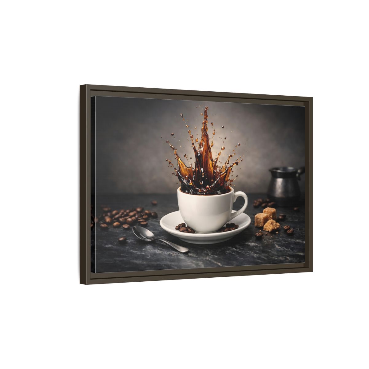 Side Mockup 2. Abstract Coffee Splash Brown Coffee Splash shown as stretched canvas wall art