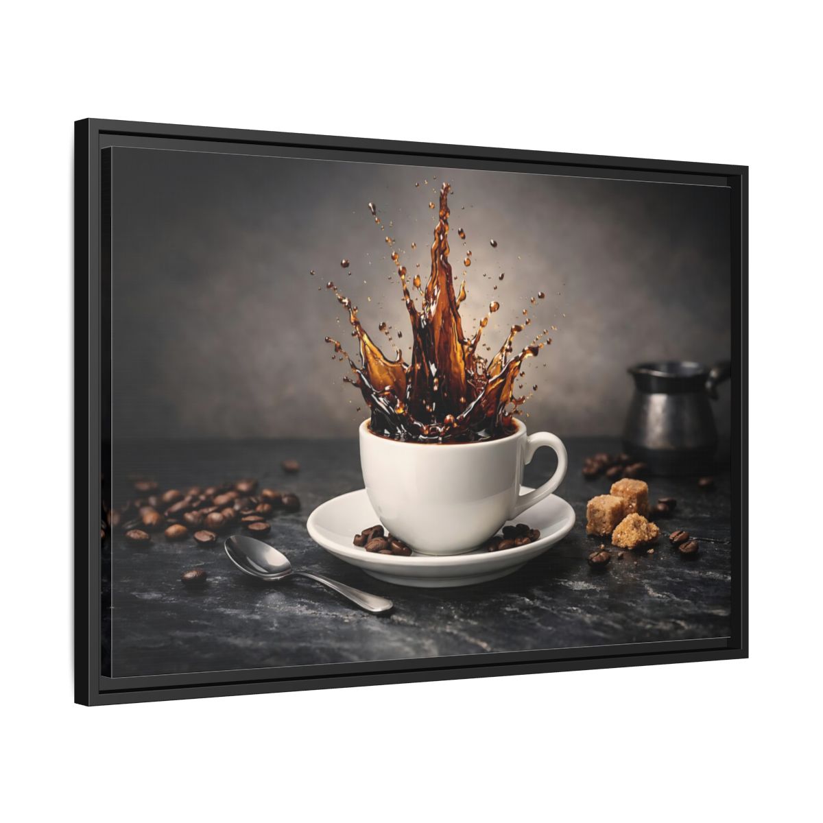 Side Mockup 14. Abstract Coffee Splash Brown Coffee Splash shown as stretched canvas wall art