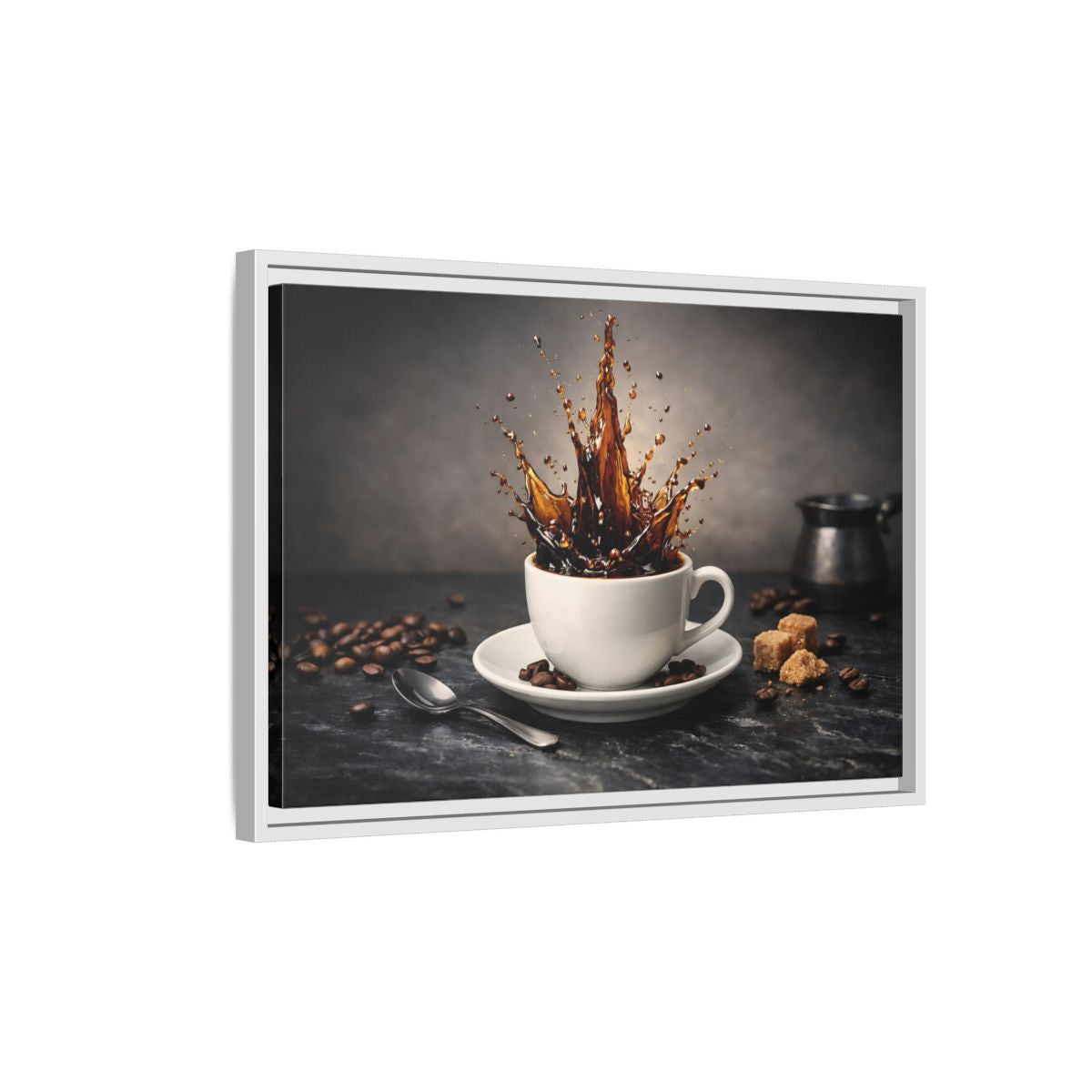 Side Mockup 1. Abstract Coffee Splash Brown Coffee Splash shown as stretched canvas wall art