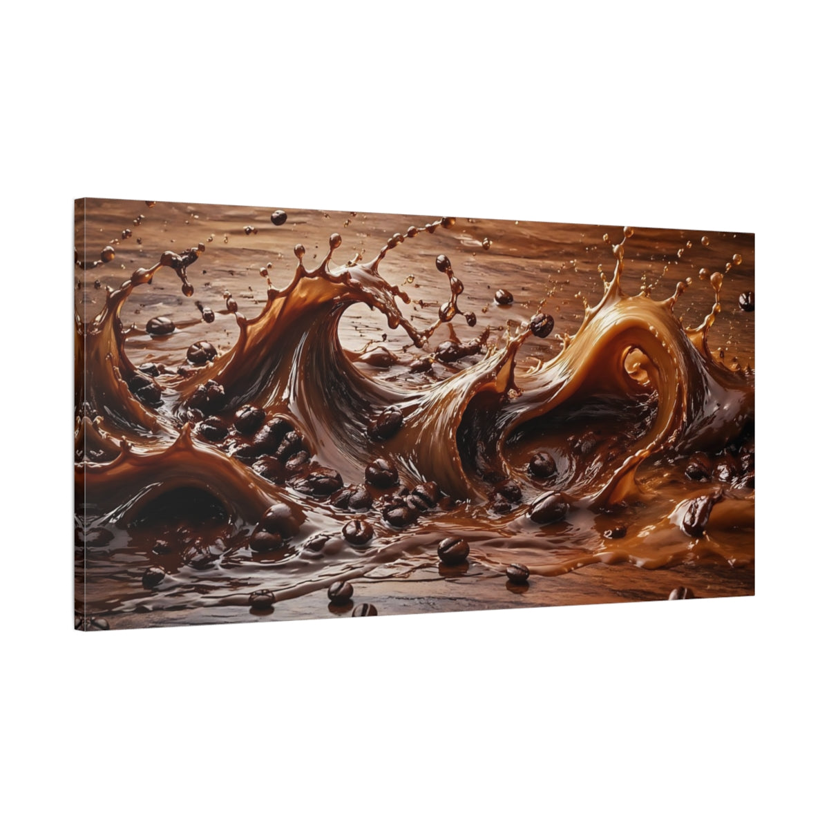 Main Mockup. Abstract Coffee Splash Coffee Brown shown as stretched canvas wall art