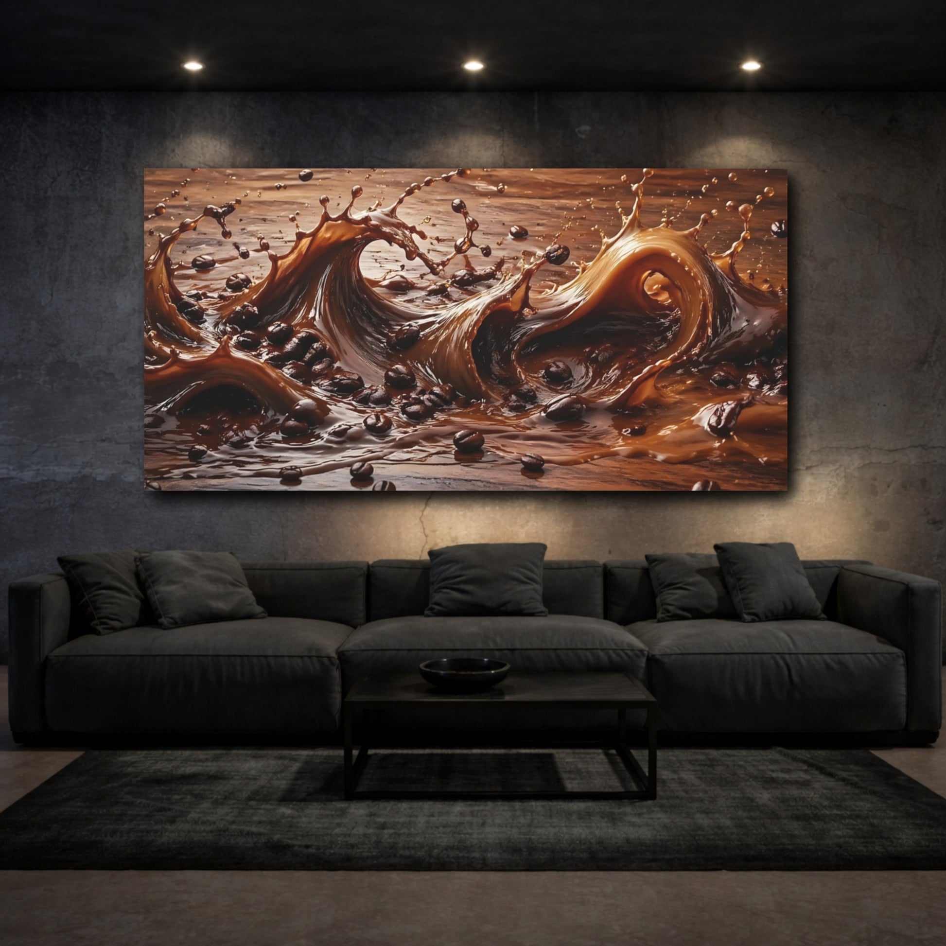 Mockup 2. Abstract Coffee Splash Coffee Brown shown as stretched canvas wall art