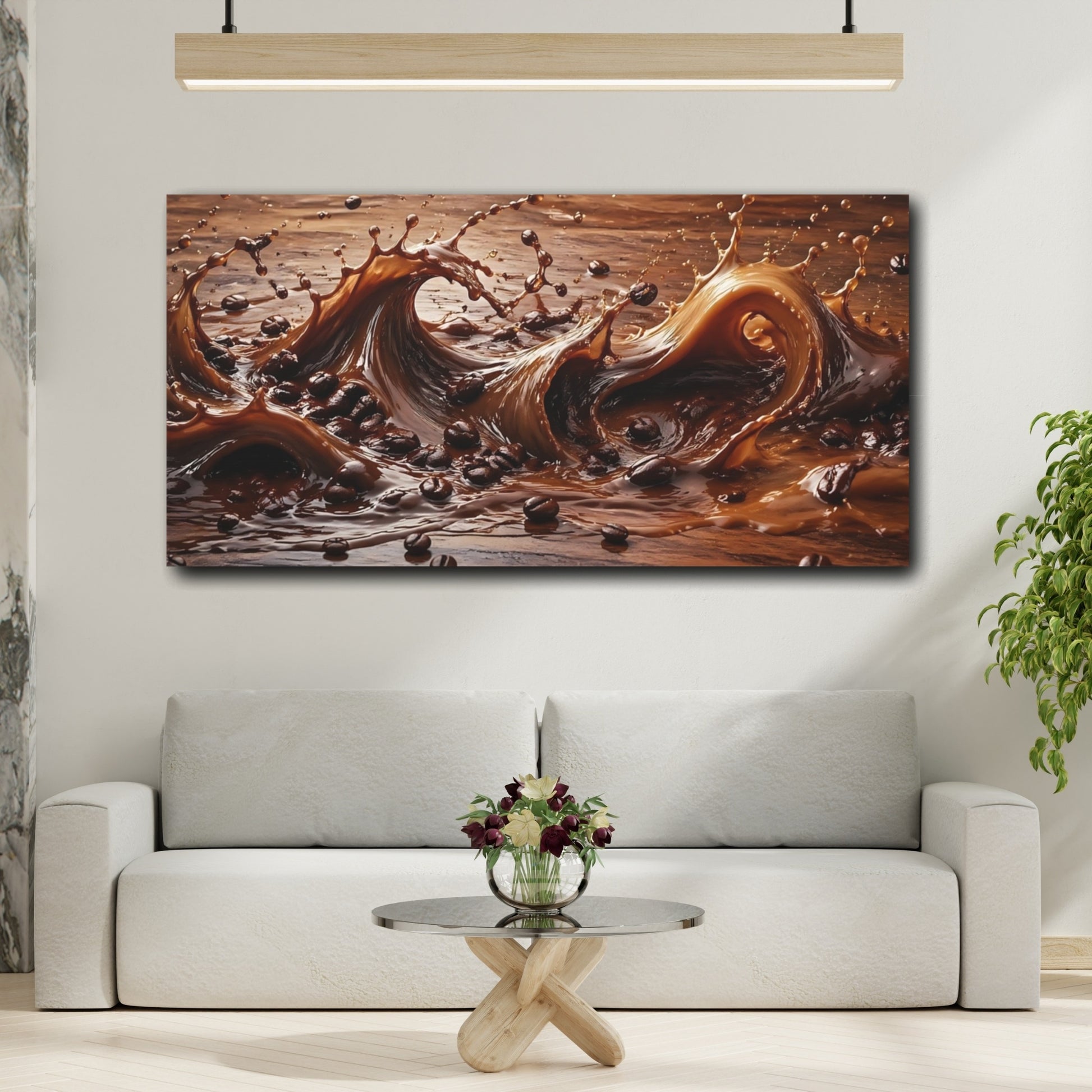 Mockup 3. Abstract Coffee Splash Coffee Brown shown as stretched canvas wall art