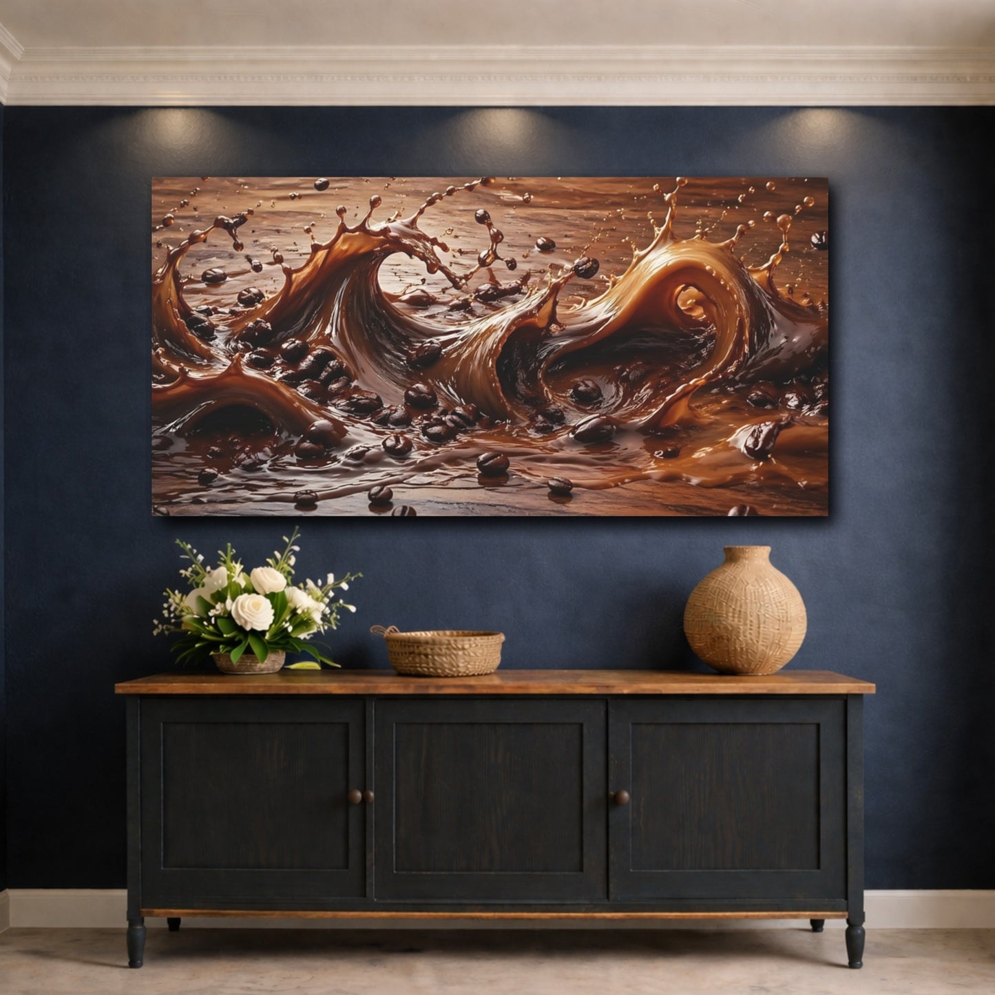 Mockup 4. Abstract Coffee Splash Coffee Brown shown as stretched canvas wall art