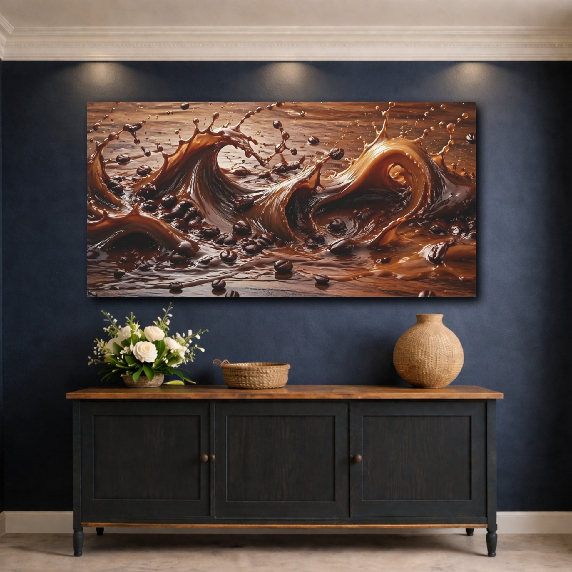 Mockup 4. Abstract Coffee Splash Coffee Brown shown as stretched canvas wall art