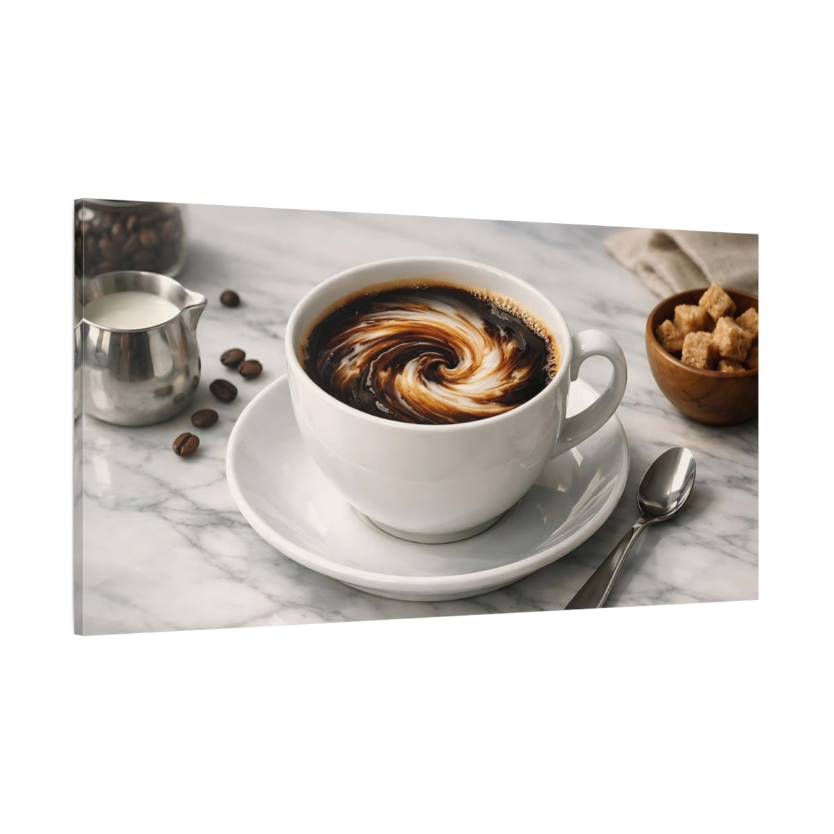Main Mockup. Abstract Coffee Swirl Brown And White Coffee shown as stretched canvas wall art