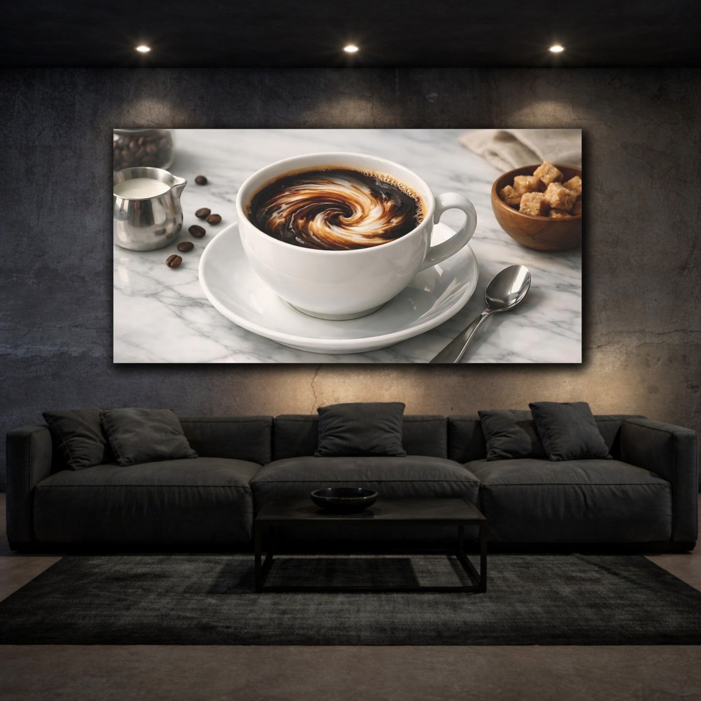 Mockup 2. Abstract Coffee Swirl Brown And White Coffee shown as stretched canvas wall art