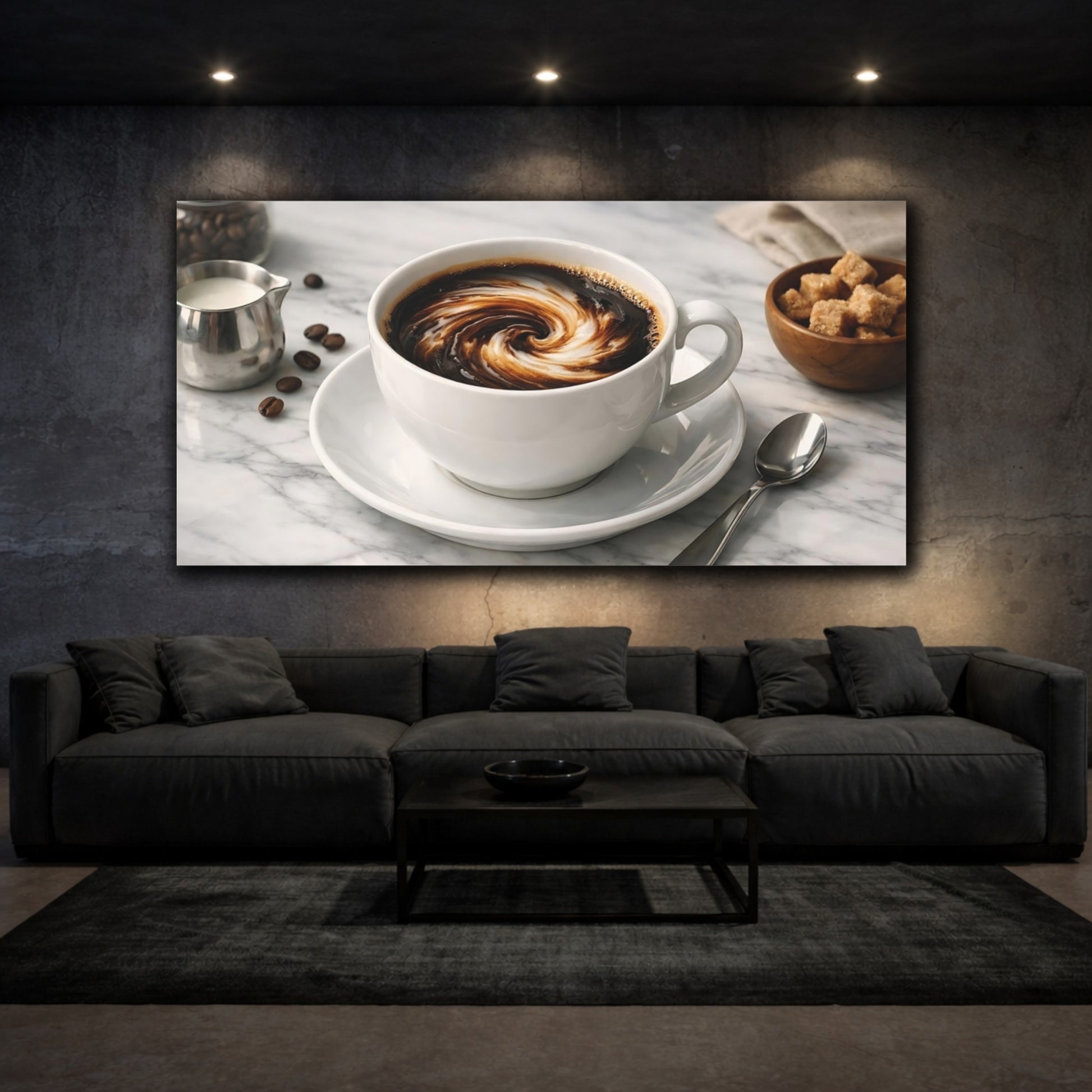 Mockup 2. Abstract Coffee Swirl Brown And White Coffee shown as stretched canvas wall art