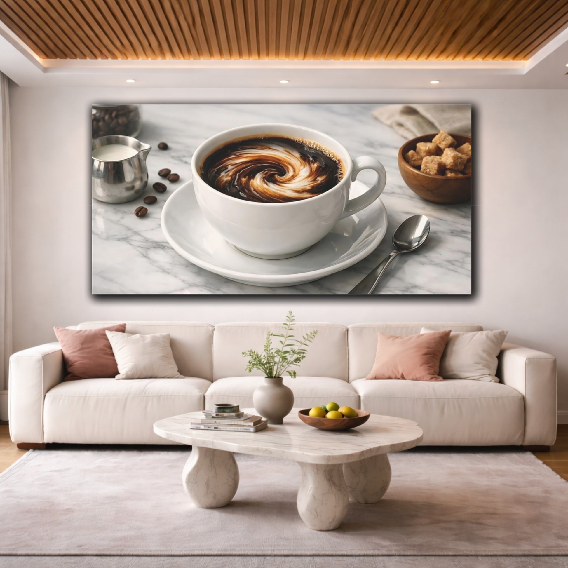 Mockup 3. Abstract Coffee Swirl Brown And White Coffee shown as stretched canvas wall art