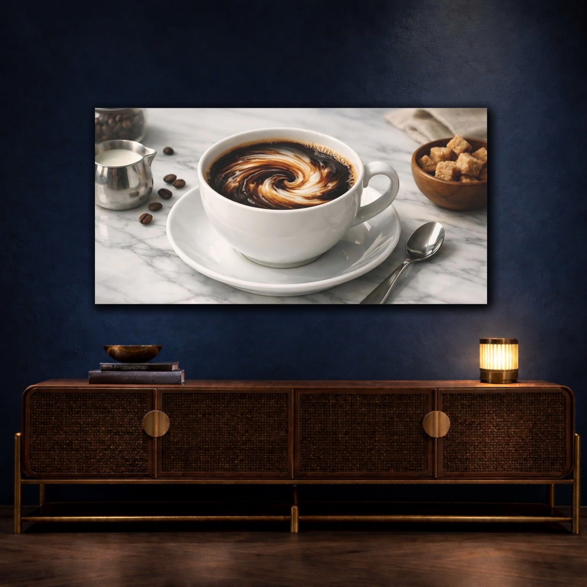 Mockup 4. Abstract Coffee Swirl Brown And White Coffee shown as stretched canvas wall art