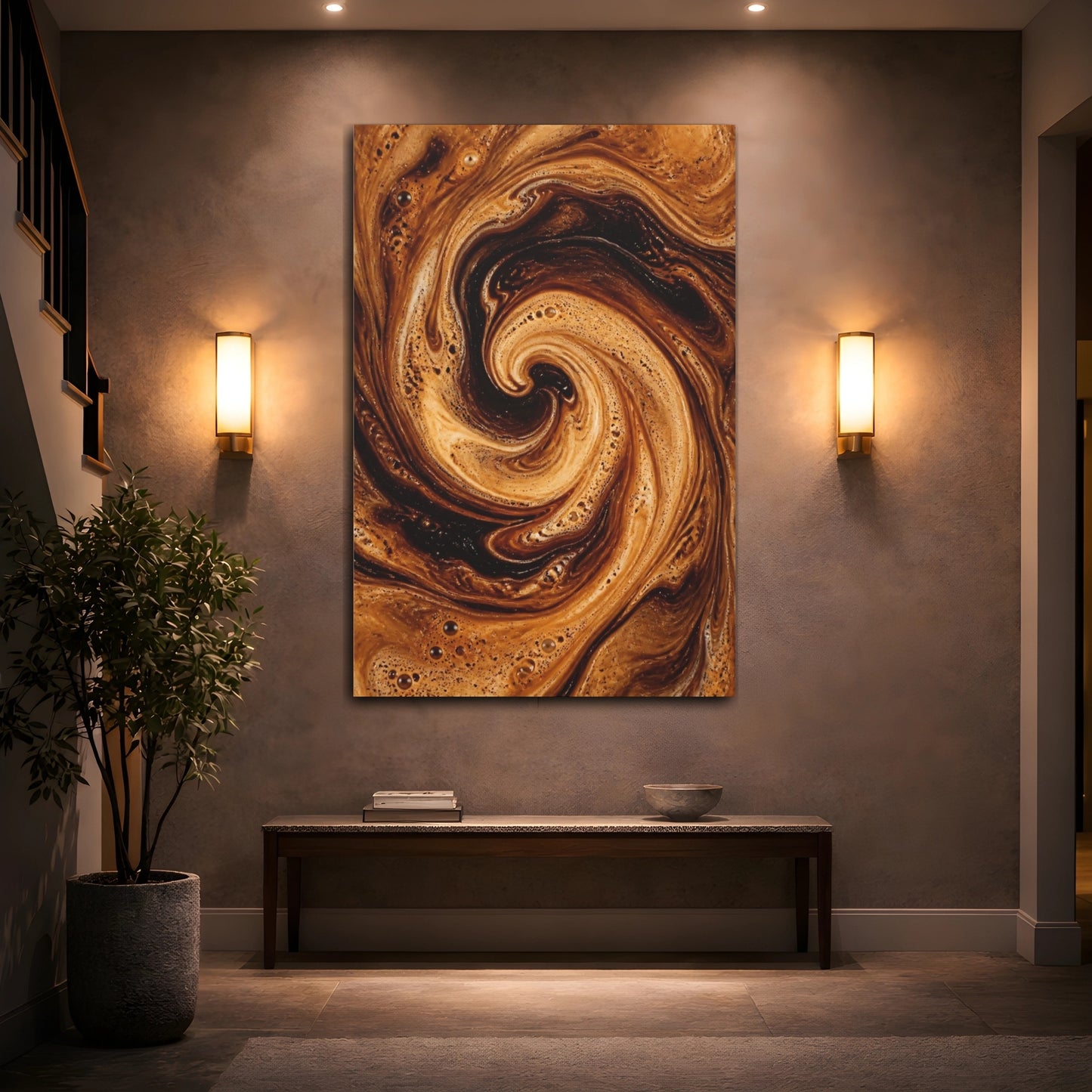 Mockup 2. Abstract Coffee Swirl Brown Coffee shown as stretched canvas wall art