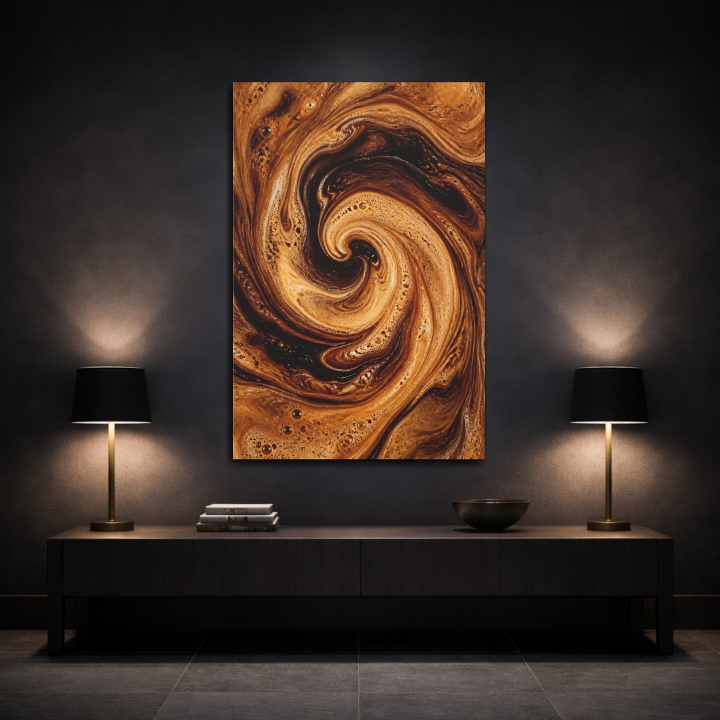 Mockup 3. Abstract Coffee Swirl Brown Coffee shown as stretched canvas wall art