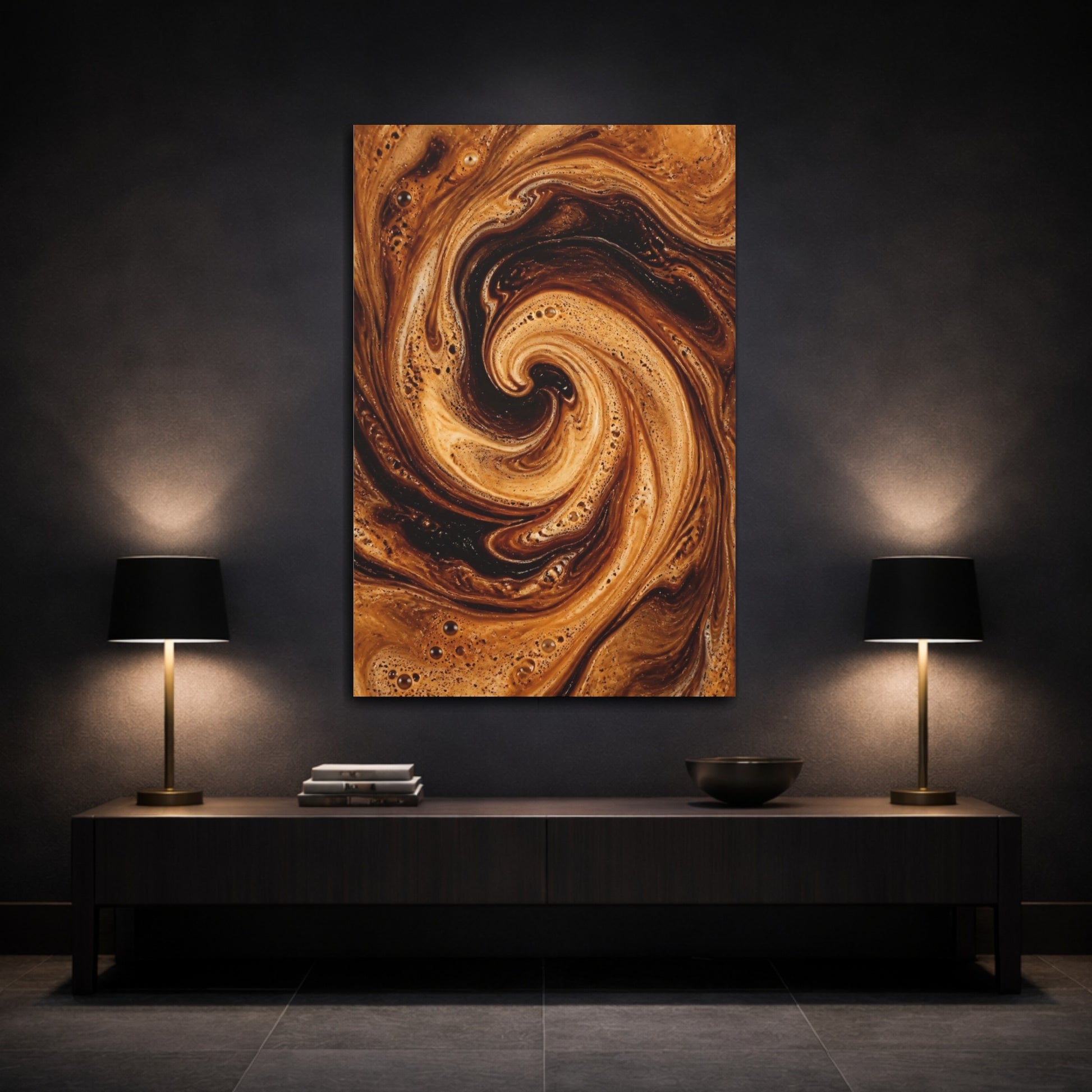 Mockup 3. Abstract Coffee Swirl Brown Coffee shown as stretched canvas wall art