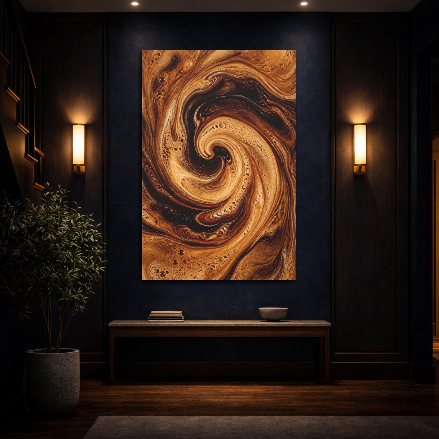 Mockup 4. Abstract Coffee Swirl Brown Coffee shown as stretched canvas wall art