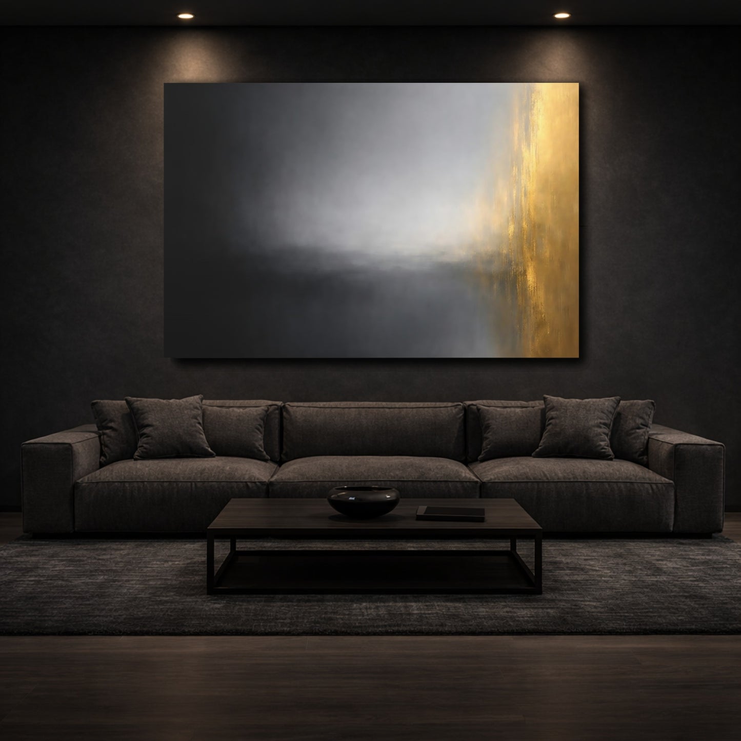 Mockup 2. Abstract Color Blend Black Gold Grey shown as stretched canvas wall art