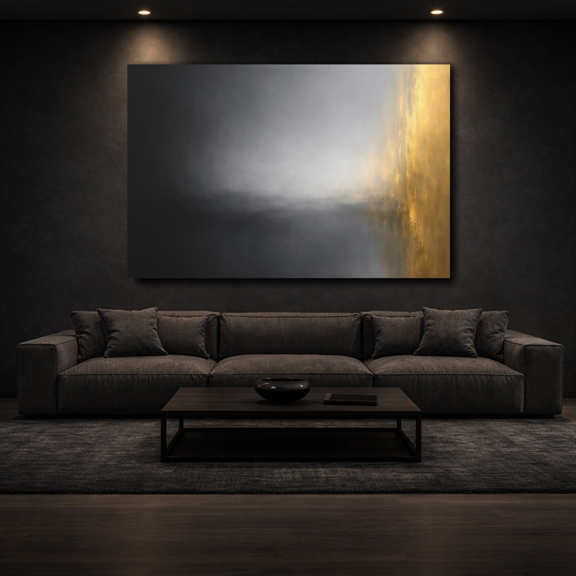 Mockup 2. Abstract Color Blend Black Gold Grey shown as stretched canvas wall art