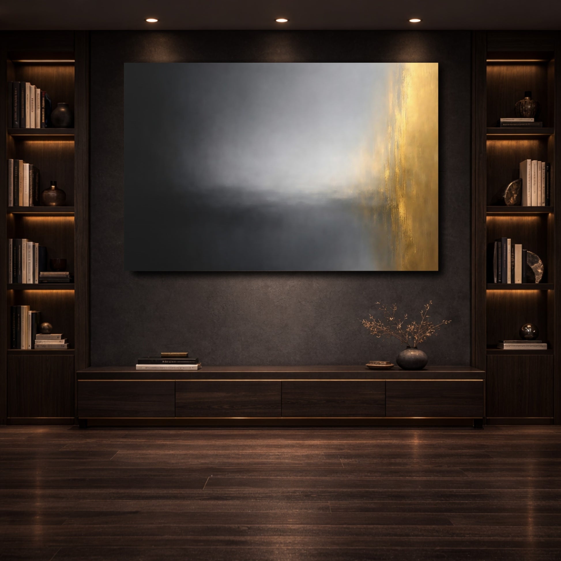 Mockup 3. Abstract Color Blend Black Gold Grey shown as stretched canvas wall art
