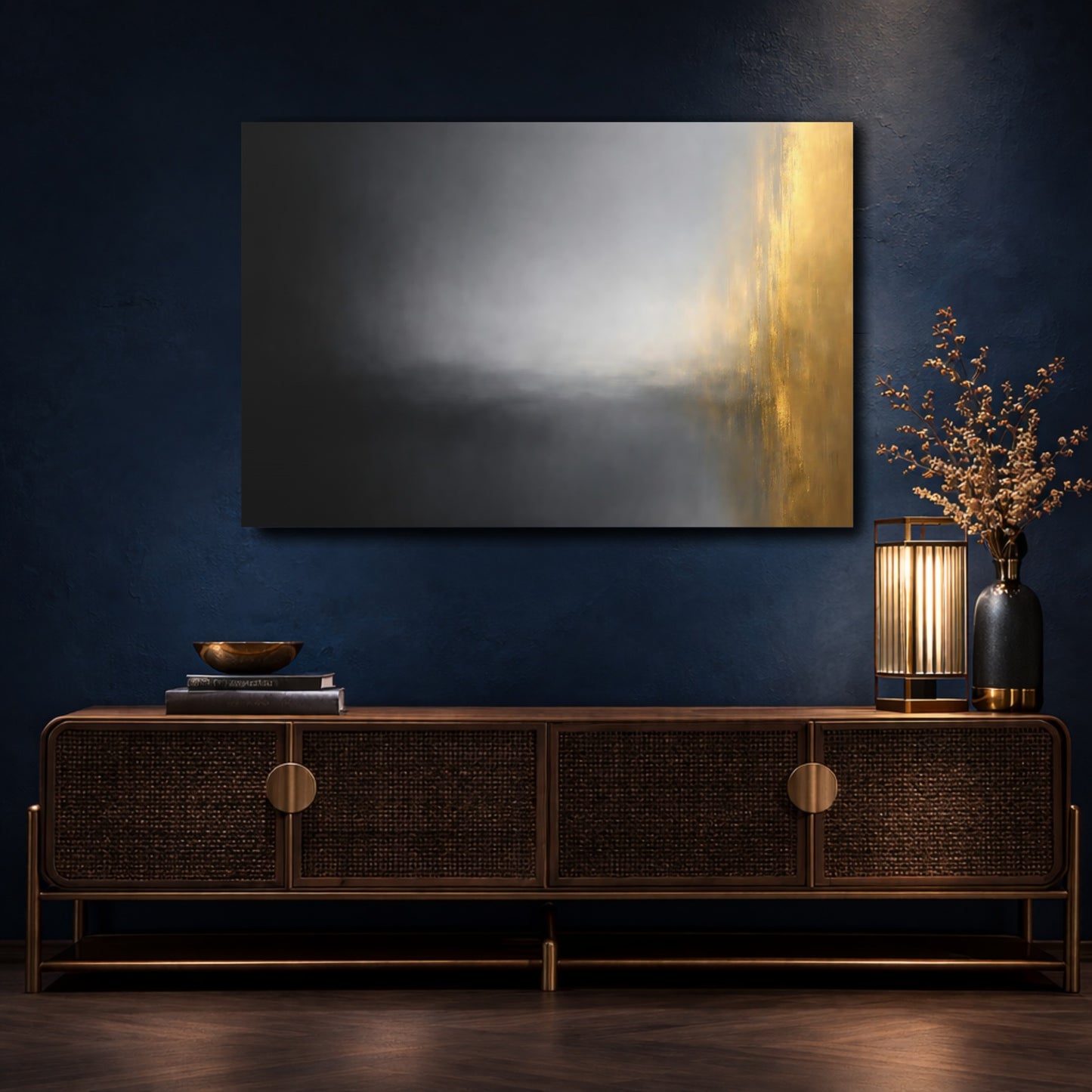 Mockup 4. Abstract Color Blend Black Gold Grey shown as stretched canvas wall art