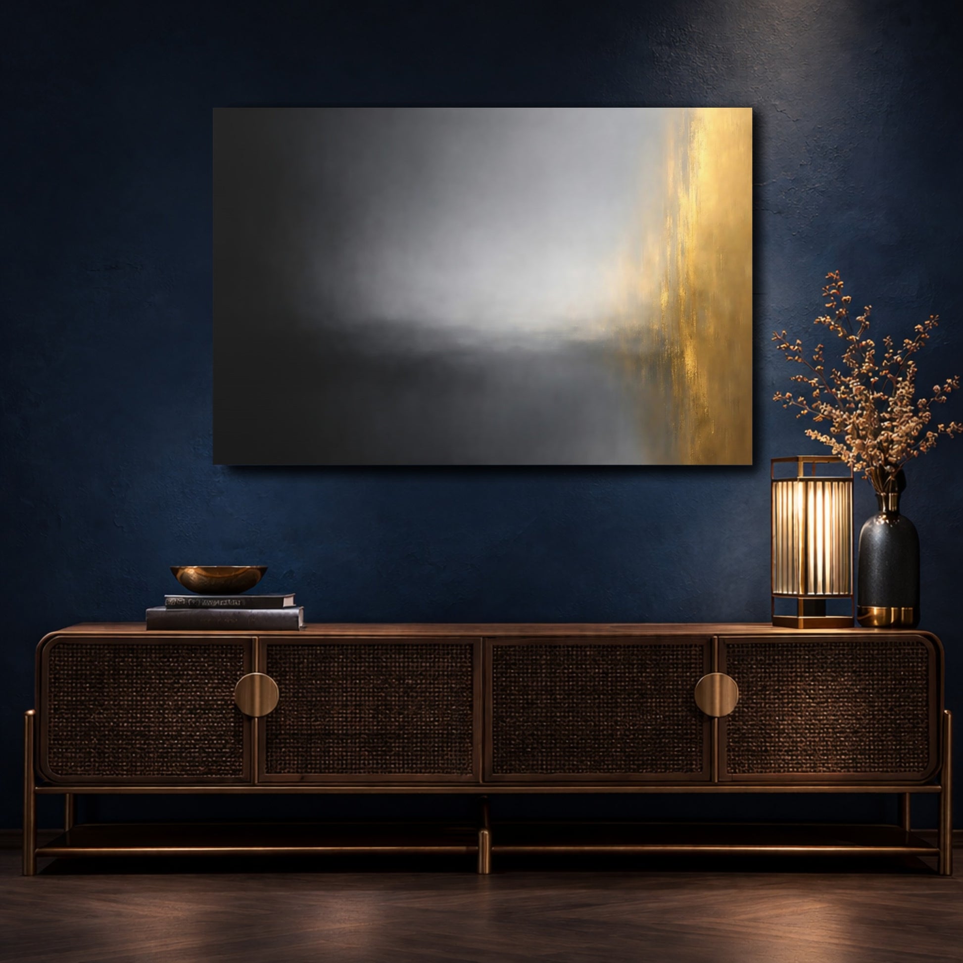 Mockup 4. Abstract Color Blend Black Gold Grey shown as stretched canvas wall art