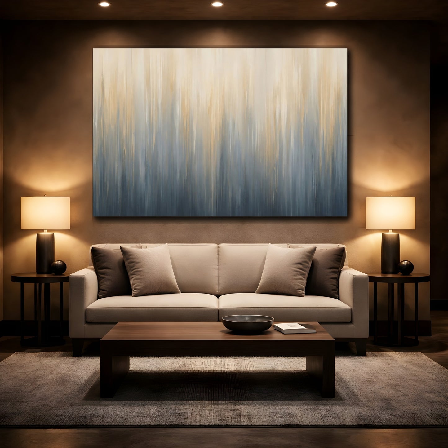 Mockup 2. Abstract Color Blend Blue And Gold Abstract shown as stretched canvas wall art