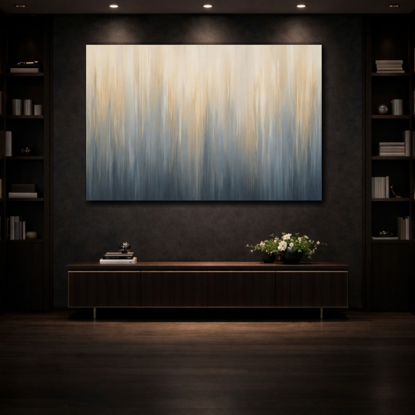 Mockup 3. Abstract Color Blend Blue And Gold Abstract shown as stretched canvas wall art