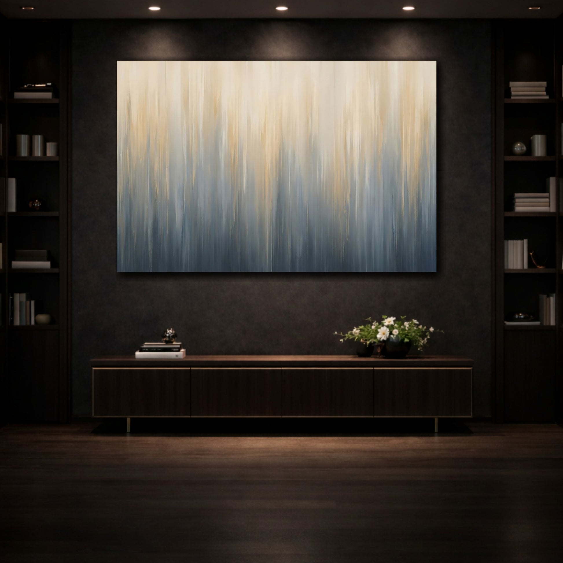 Mockup 3. Abstract Color Blend Blue And Gold Abstract shown as stretched canvas wall art