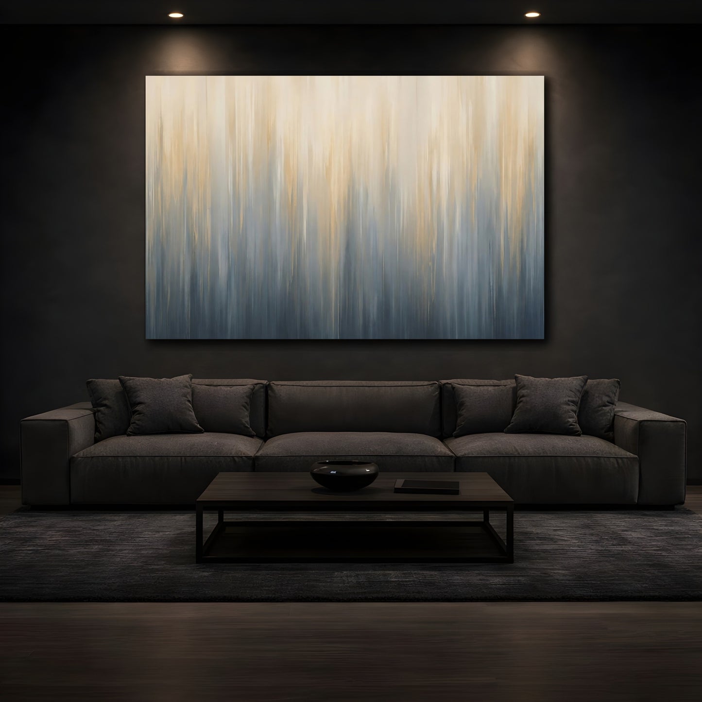 Mockup 4. Abstract Color Blend Blue And Gold Abstract shown as stretched canvas wall art