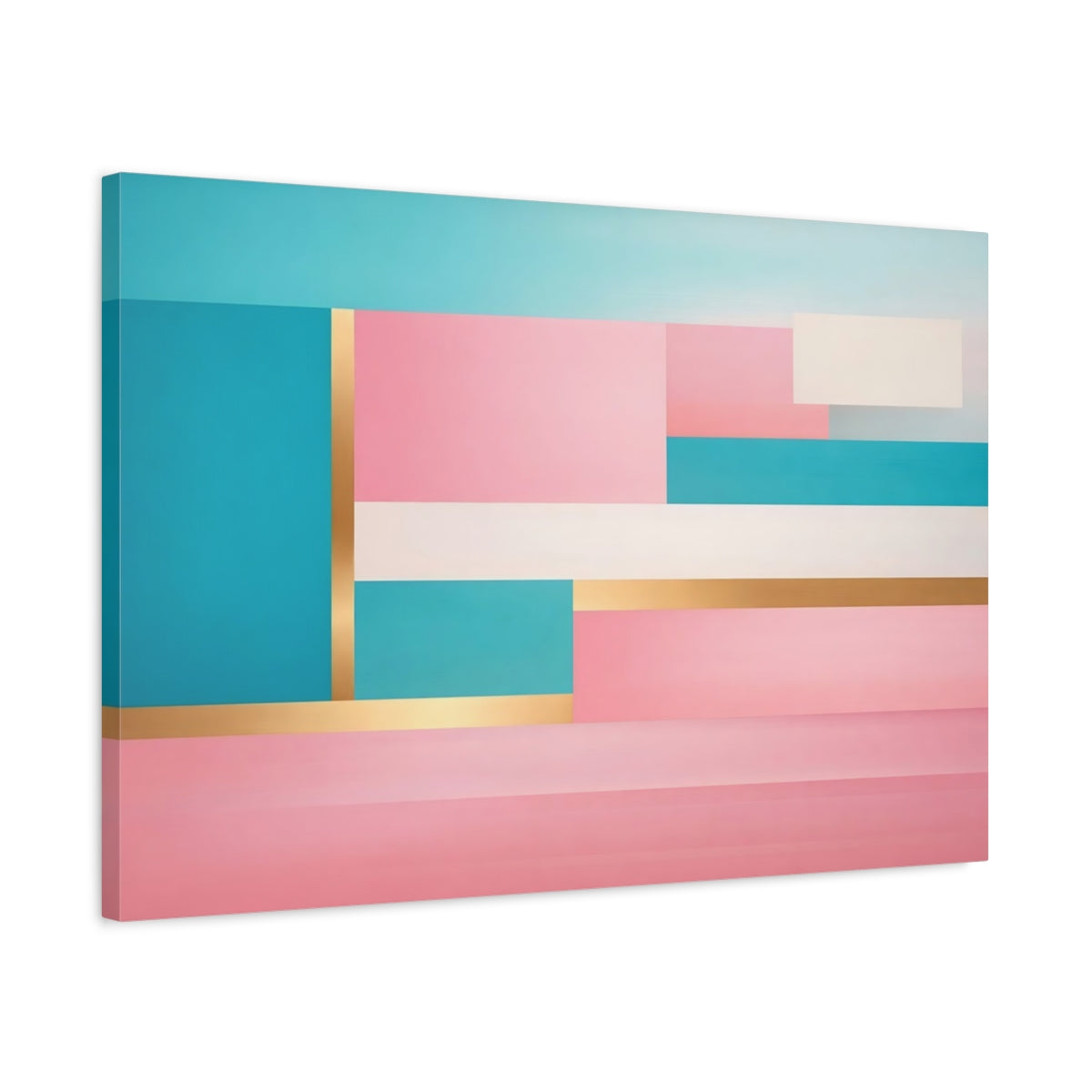 Side Mockup 2. Abstract Color Blocks Pink Teal Gold shown as stretched canvas wall art