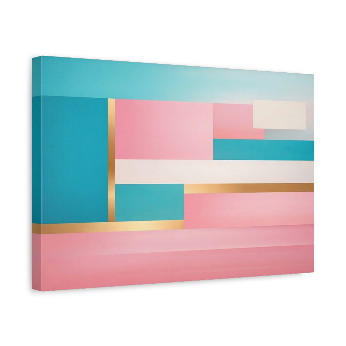 Side Mockup 4. Abstract Color Blocks Pink Teal Gold shown as stretched canvas wall art