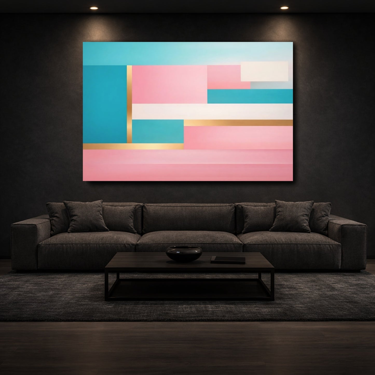 Mockup 2. Abstract Color Blocks Pink Teal Gold shown as stretched canvas wall art