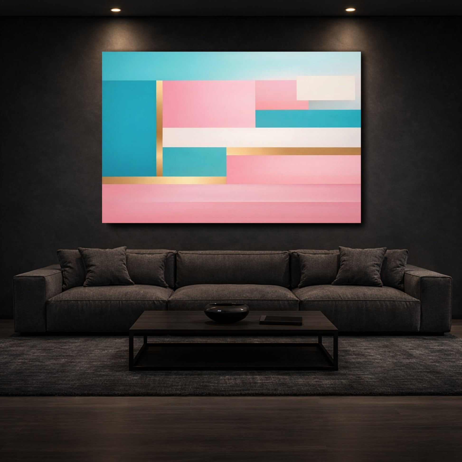 Mockup 2. Abstract Color Blocks Pink Teal Gold shown as stretched canvas wall art