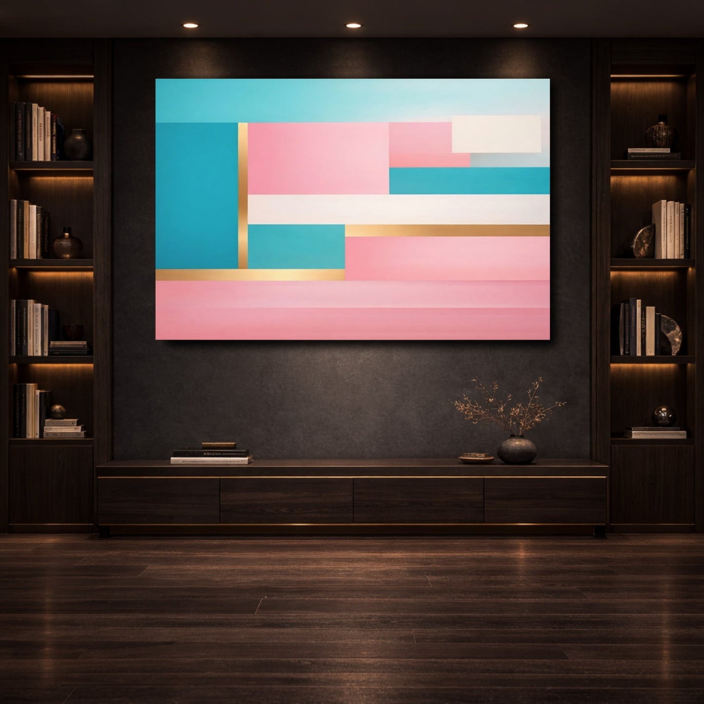 Mockup 3. Abstract Color Blocks Pink Teal Gold shown as stretched canvas wall art