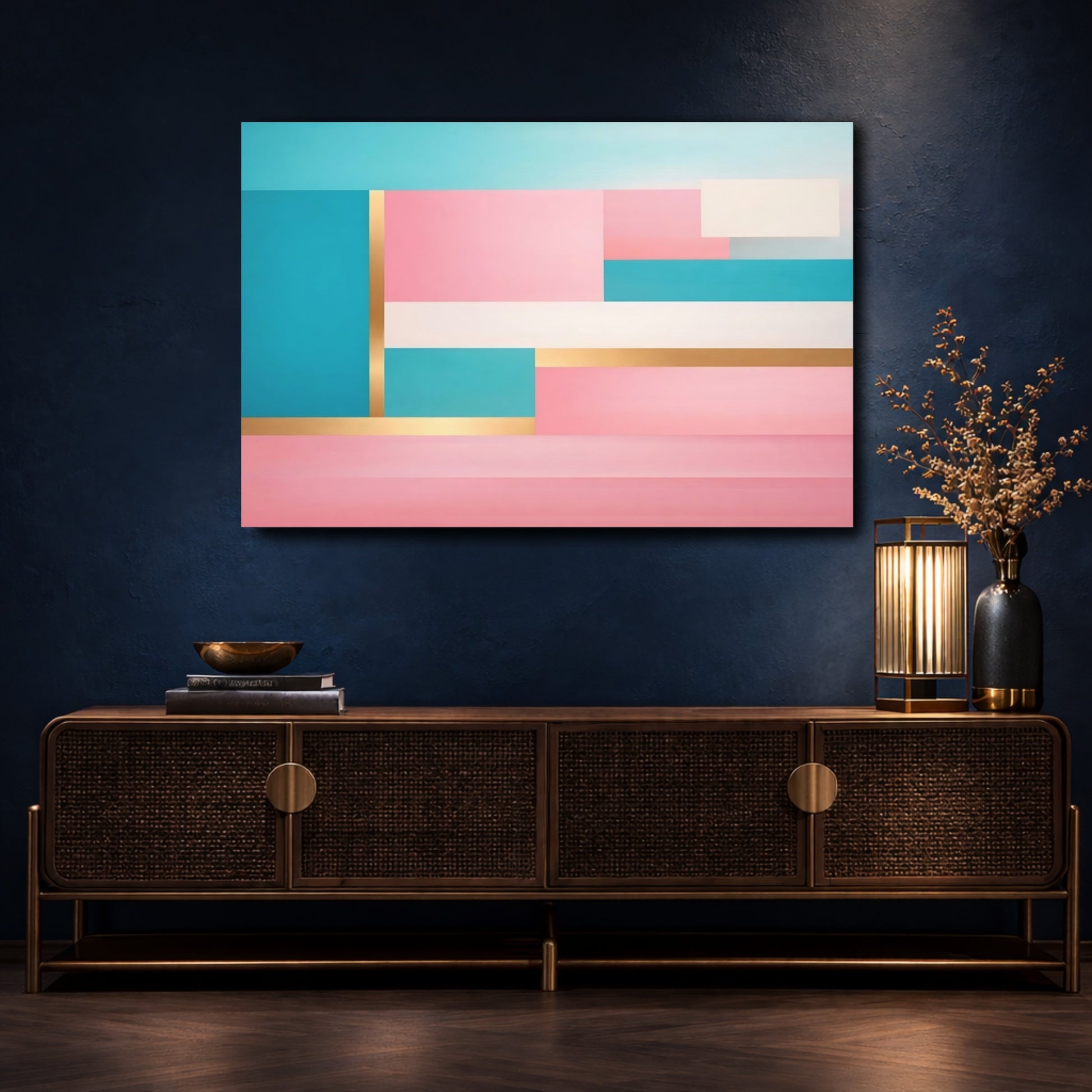 Mockup 4. Abstract Color Blocks Pink Teal Gold shown as stretched canvas wall art