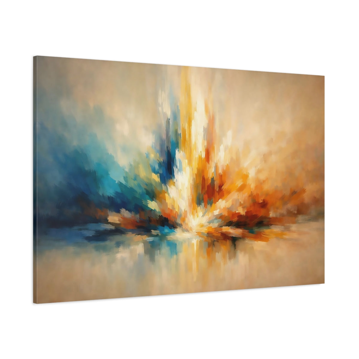 Main Mockup. Abstract Color Burst Blue Orange Abstract shown as stretched canvas wall art