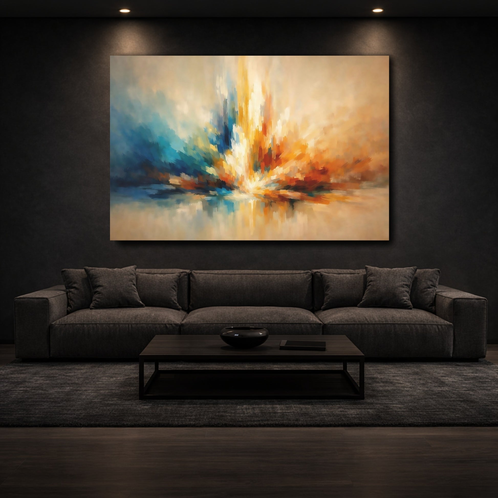 Mockup 2. Abstract Color Burst Blue Orange Abstract shown as stretched canvas wall art