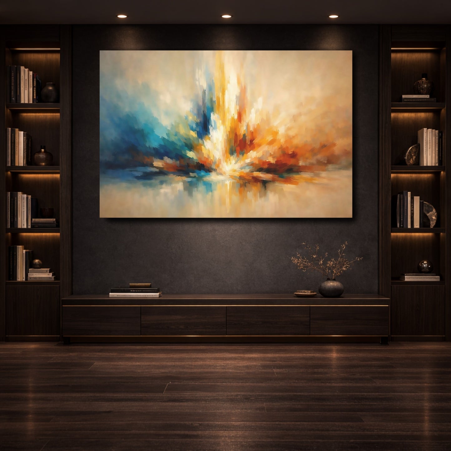 Mockup 3. Abstract Color Burst Blue Orange Abstract shown as stretched canvas wall art